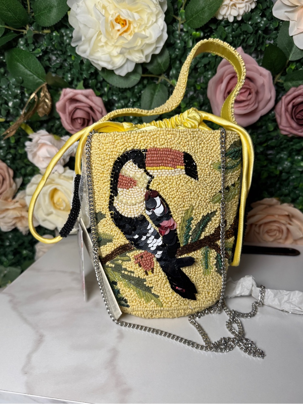 Yellow Beaded Toucan Drawstring Crossbody Bag - Women - Picture 3 of 8